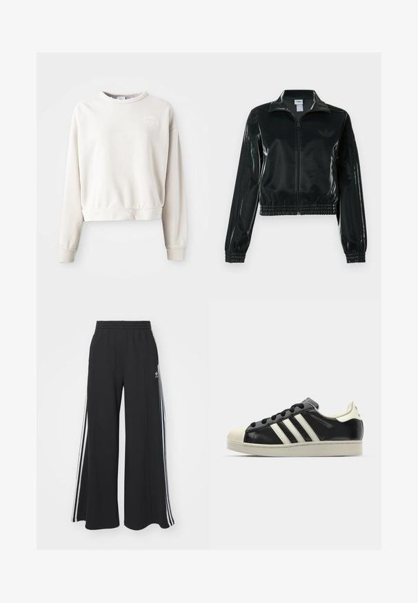Casaco curto preto brilhante com fecho de correr frontal, gola alta e bainha elástica. Apresenta três riscas nas mangas e um pequeno logotipo no peito.; Sweatshirt cropped de cor creme feito de tecido suave, com gola redonda, mangas longas e um logotipo bordado no peito.; Calças de suor largas e pretas com uma cintura elástica, apresentando riscas brancas nas laterais e um logótipo bordado na coxa esquerda.; Sapatilha de couro preto com riscas brancas, biqueira de borracha, atacadores pretos e sola na cor creme. Textura suave com acabamento brilhante.