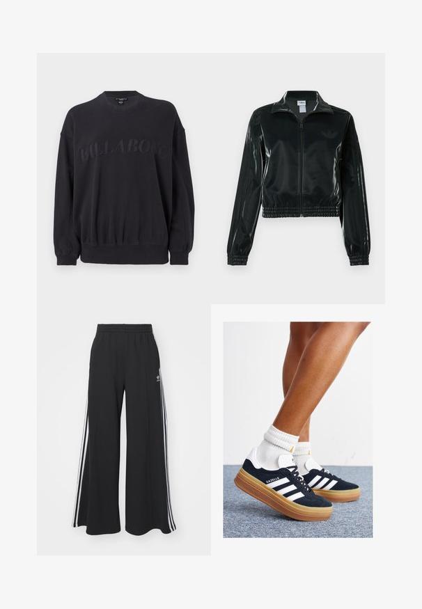 Giacca nera lucida corta con zip frontale, colletto alto e orlo elasticizzato. Presenta tre strisce sulle maniche e un piccolo logo sul petto.; Felpa nera con colletto rotondo, vita elastica e maniche lunghe. Presenta il logo "BILLABONG" in rilievo cucito sul davanti.; Pantaloni in felpa neri a gamba larga con vita elastica, dotati di strisce bianche sui lati e un logo ricamato sulla coscia sinistra.; Sneakers in pelle scamosciata nera con strisce e dettagli bianchi, punta arrotondata, suola in gomma color gomme, abbinate a calzini bianchi a coste alla caviglia.