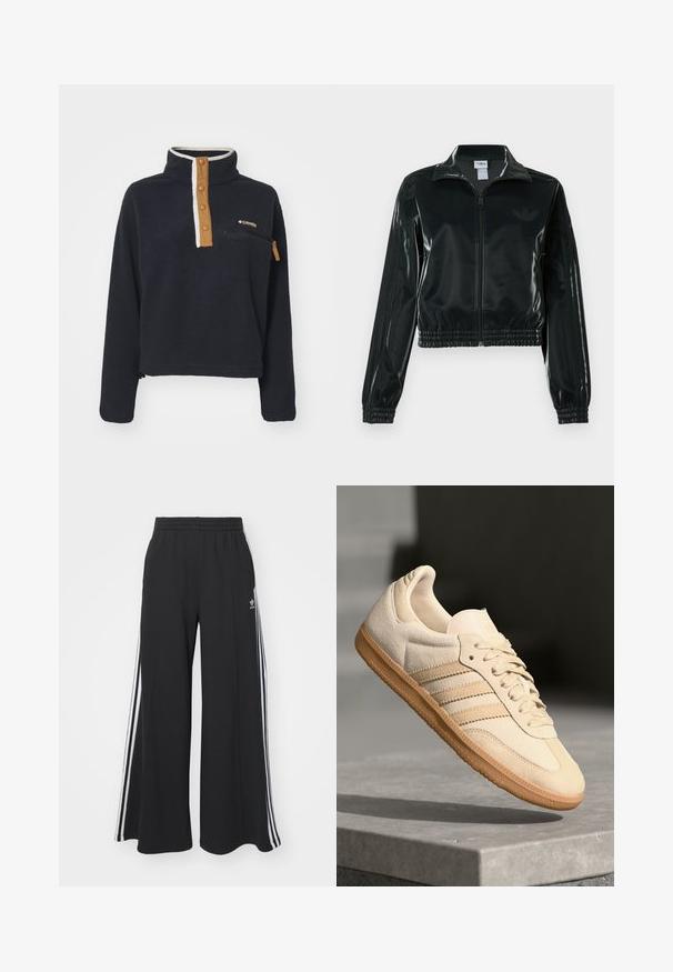 Svart glansig kort jacka med dragkedja framtill, hög krage och elastisk nederkant. Har tre ränder på ärmarna och en liten logga på bröstet.; Marinblå fleecepullov med hög krage, knappstängning fram och bröstficka. Har en kontrasterande tan placket och en ficka med dragkedja.; Svarta vida sweatpants med elastisk midje, med vita sidosträck och en broderad logotyp på vänster lår.; Ljusbeige mockasneaker med gummisula, tre diagonala ränder och en texturerad tåhuvud. Har logotyp på tungan och sidan.