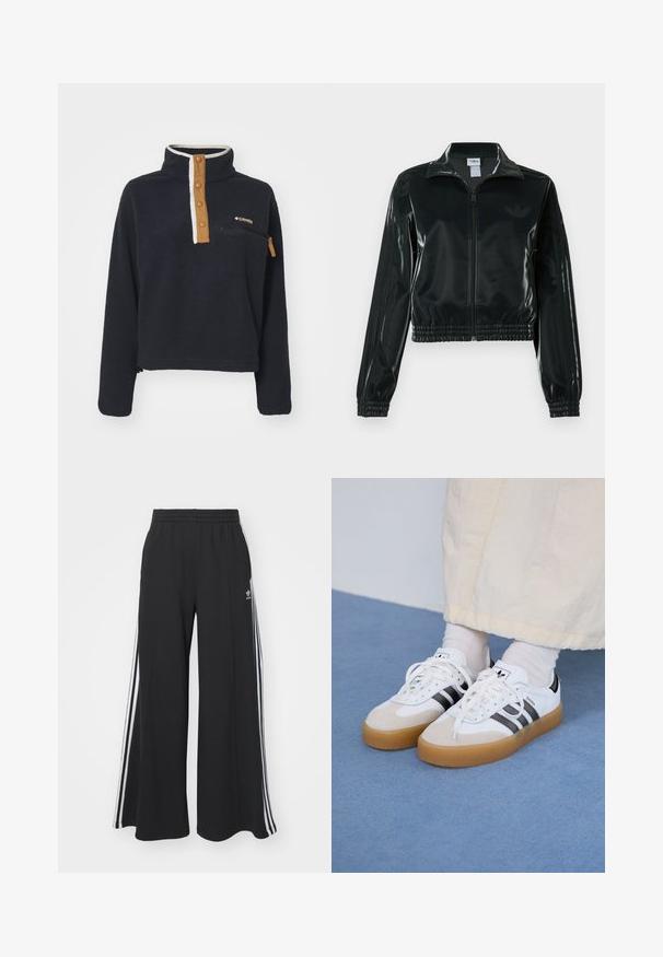 Sort blank cropped jakke med glidelås foran, høy krage og elastisk nederkant. Har tre striper på ermene og en liten logo på brystet.; Marinefarget fleece-pullover med høy krage, halvknappingsfront og brystlomme. Har en kontrasterende beige placket og glidelåslomme.; Svart vide joggebukser med elastisk midjebånd, med hvite sidestriper og brodert logo på venstre lår.; Hvite sneakers med svarte striper og beige semsket skinn-detaljer. Har en teksturert gummisåle og flate hvite snører, brukt med lyse sokker.