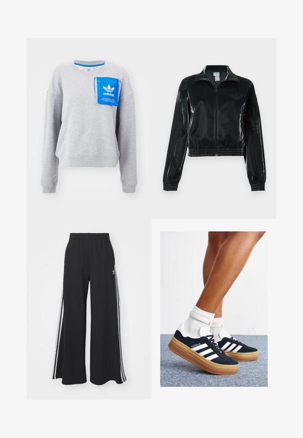 Černá lesklá zkrácená bunda se zipem vpředu, vysokým límcem a elastickým lemem. Má tři pruhy na rukávech a malé logo na hrudi.; adidas Originals KSENIA TAG - Mikina - medium grey heather; Černé pohodlné tepláky širokého střihu s elastickým pasem, na boční straně s bílými pruhy a vyšitým logem na levé stehně.; Černé semišové tenisky s bílými pruhy a detaily, zaoblenou špičkou, podrážkou z gumy barvy žvýkačky, doplněné bílými žebrovanými ponožkami ke kotníkům.