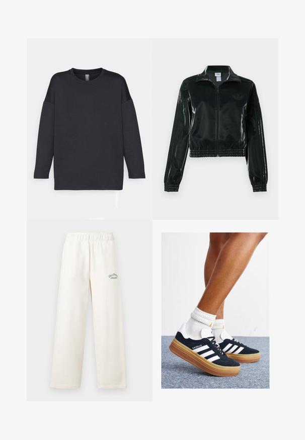 Veste courte noire brillante avec fermeture éclair à l'avant, col montant et ourlet élastiqué. Dotée de trois bandes sur les manches et d'un petit logo sur la poitrine.; T-shirt noir à manches longues en tissu doux, de coupe décontractée, avec un col rond et des coutures d'épaule tombantes, sans motifs.; Pantalons larges couleur crème fabriqués dans un matériau doux avec une ceinture élastique. Présente un texte brodé subtil en vert sur le devant.; Baskets en daim noir avec des rayures et des accents blancs, bout arrondi, semelle extérieure en caoutchouc gomme, associées à des chaussettes blanches côtelées mi-mollet.