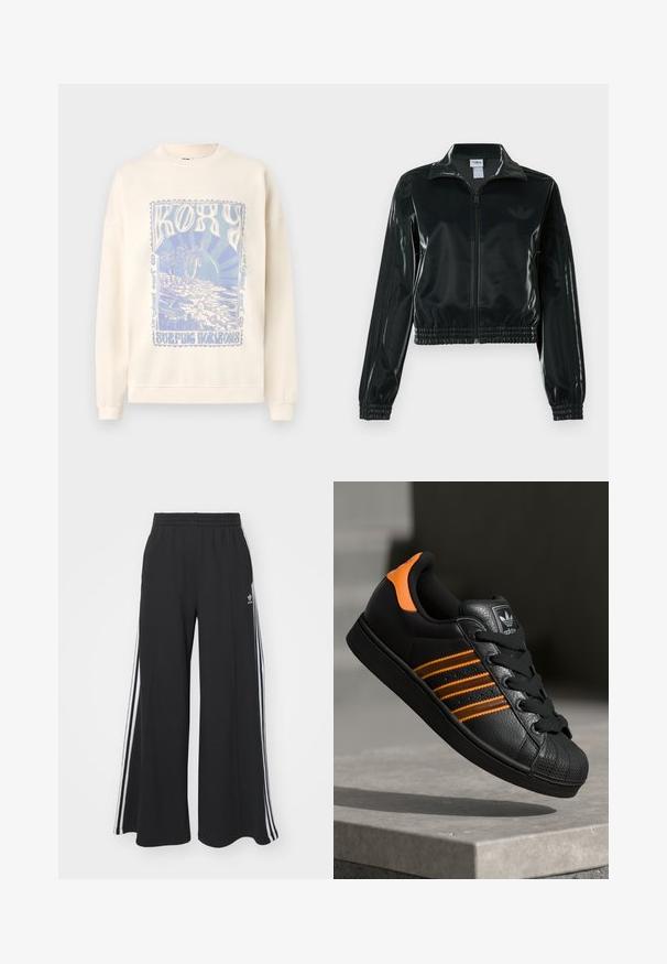 Sort, glinsende cropped jakke med lynlås foran, høj krave og elastisk kant. Har tre striber på ærmerne og et lille logo på brystet.; Lys cremefarvet sweatshirt med rund hals og ribbede manchetter. Forsiden har et blåt grafisk design med "ROXY" og en strandscene.; Sorte brede sweatpants med elastisk talje, med hvide sidelommer og et broderet logo på venstre lår.; Sort sneakers med orange detaljer, tre vandrette striber, tekstureret læderoverdel, gummikappe og sorte snørebånd.