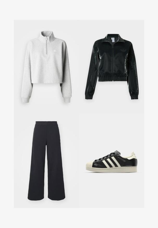 Černá lesklá zkrácená bunda se zipem vpředu, vysokým límcem a elastickým lemem. Má tři pruhy na rukávech a malé logo na hrudi.; Světle šedý zkrácený sweatshirt s vysokým límcem a půlzipem. Má volné rukávy a malé bílé logo na hrudi. Materiál z bavlněné směsi.; Černé široké tepláky vyrobené z měkké tkaniny, s elastickým pasem a malým logem na levé straně.; Černé kožené sneakers s bílými pruhy, gumovou špičkou, černými tkaničkami a krémovou podešví. Hladký povrch s lesklým finišem.