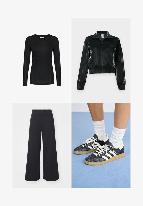 Giacca nera lucida corta con zip frontale, colletto alto e orlo elasticizzato. Presenta tre strisce sulle maniche e un piccolo logo sul petto.; Maglietta nera a maniche lunghe realizzata in materiale leggero e trasparente. Presenta un collo tondo e una silhouette aderente con orlo dritto.; Pantaloni felpati neri a gamba larga realizzati in tessuto morbido, con un elastico in vita e un piccolo logo sul lato sinistro.; Sneaker in pelle nera con strisce bianche, punta rotonda, lacci bianchi e suola in gomma. Menzionate del collare imbottito e dettagli del marchio.