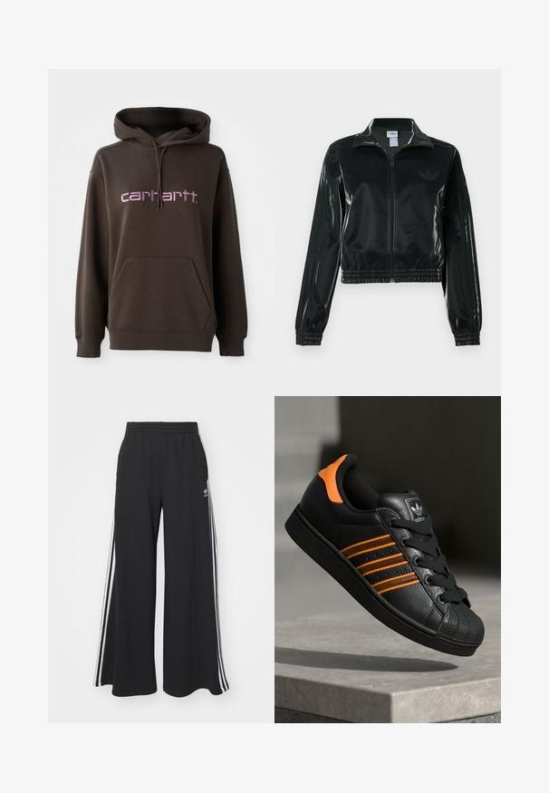Musta kiiltävä lyhyt takki vetoketjulla, korkealla kauluksella ja joustavalla helmalla. Hihoissa on kolme raitaa ja rinnassa pieni logo.; Ruskea huppari, jossa on etutasku ja vaaleanpunainen "Carhartt" -merkkiteksti. Valmistettu pehmeästä kankaasta, jossa on teksturoitu pinta.; Mustat löysät verkkarit, joissa on joustava vyötärö, valkoiset sivuraidat ja brodeerattu logo vasemmassa reidessä.; Musta sneaker oransseilla yksityiskohdilla, kolme vaakasuuntaista raitaa, tekstuuri-nahkapinta, kuminen varvaskansi ja mustat nauhat.