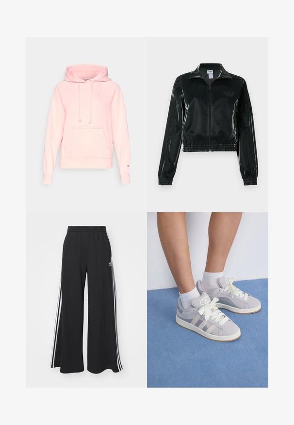 Črno, sijočo kratko jakno z zadrgo spredaj, visokim ovratnikom in elastičnim spodnjim robom. Na rokavih so tri črte, na prsih pa majhen logotip.; Svetlo roza hoodie izdelan iz mehkega materiala. Ima sprednjo žep za roke, kapuco s vrvico in rebraste manšete. Na rokavu je emblem z logotipom.; Črne široke trenirke z elastičnim pasom, ki imajo bele stranske proge in vezeno logo na levi stegna.; Sive športne copate iz zamšene kože z belimi vezalkami in gumijastim podplatom, ki imajo tri diagonalne črte ob strani in logotip na ježku.