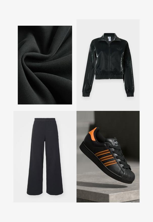 Black glossy cropped jacket with a zip front, high collar, and elasticized hem. Features three stripes on sleeves and a small logo on the chest.; Black fabric with a smooth, soft texture, resembling a lightweight knit. Material drapes in folds, showing a subtle sheen.; Black wide-leg sweatpants made from soft fabric, featuring an elastic waistband and a small logo on the left side.; Black sneaker with orange accents, three horizontal stripes, textured leather upper, rubber toe cap, and black laces.