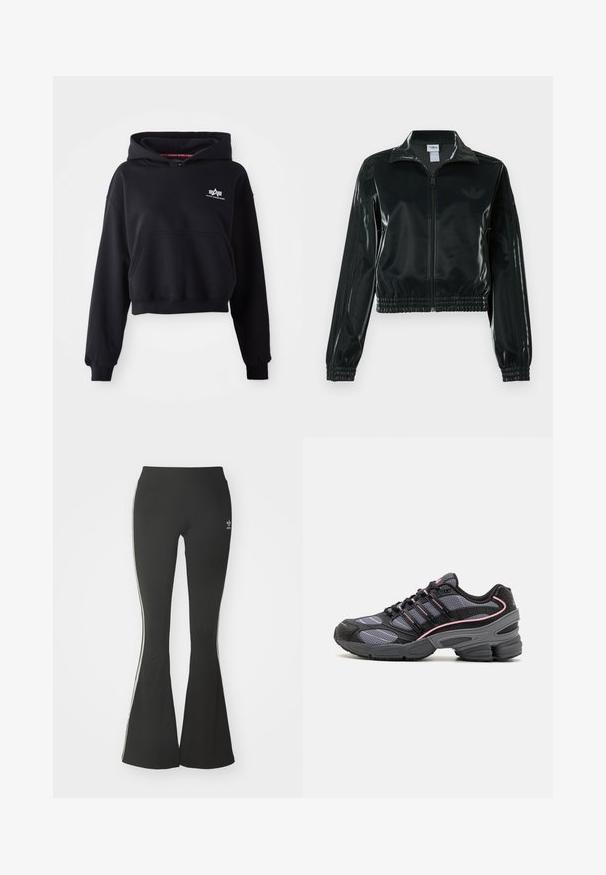 Must läikiv lühike jakk lukuga esiküljel, kõrge krae ja elastse äärega. Varrukatel on kolm triipu ja rinnal väike logo.; Must tõmmu lühendatud kapuutsiga, mis on valmistatud pehmest kangast, koos esitasku, reguleeritava kapuutsi ja väikese valge logoga rinnal.; Mustad laiad leggingud venivast kangast, kõrgema vöökohtaga ja valgete külgtriipudega. Sisaldab väikest logo vöökohtadel.; Mustad ja hallid sportlikud jalanõud, millel on võrgupaneelid, roosa aktsentjoon ja turske talvekujundus. Omab paelu ja tekstuurseid materjalide detaile.