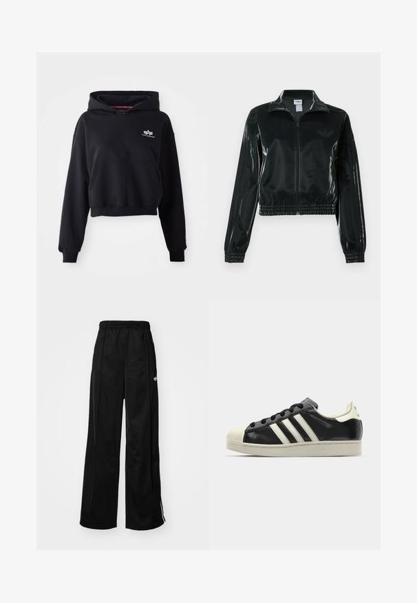 Schwarze glänzende, kurz geschnittene Jacke mit Reißverschluss vorne, hohem Kragen und elastischem Saum. Verfügt über drei Streifen an den Ärmeln und ein kleines Logo auf der Brust.; Schwarze, kürzere Kapuzenjacke aus weichem Stoff, mit einer Fronttasche, Zugkordel-Kapuze und einem kleinen weißen Logo auf der Brust.; Schwarze weiter Schnitt Jogginghose mit elastischem Bund, mit weißen Seitenstreifen und kleinem Logo auf der linken Hüfte. Glatte Stofftextur.; Schwarze Ledersneaker mit weißen Streifen, Gummikappe, schwarzen Schnürsenkeln und einer cremefarbenen Sohle. Glatte Textur mit glänzender Oberfläche.