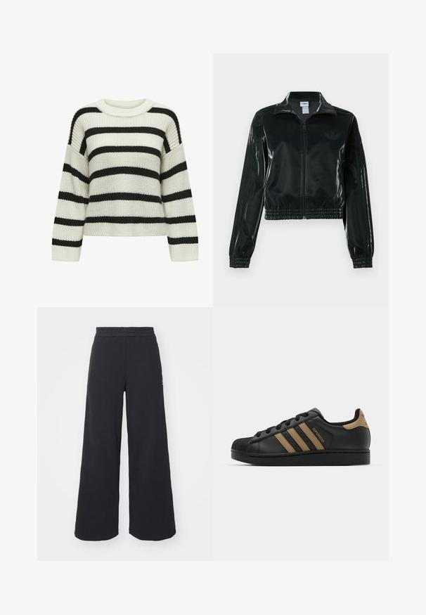 Black glossy cropped jacket with a zip front, high collar, and elasticized hem. Features three stripes on sleeves and a small logo on the chest.; Knit sweater with a crew neck, featuring alternating black and cream horizontal stripes. Textured fabric with long sleeves and a cropped fit.; Black wide-leg sweatpants made from soft fabric, featuring an elastic waistband and a small logo on the left side.; Black leather sneaker with three brown stripes, textured rubber toe cap, lace-up front, and flat black sole. Features a subtle logo on the heel.