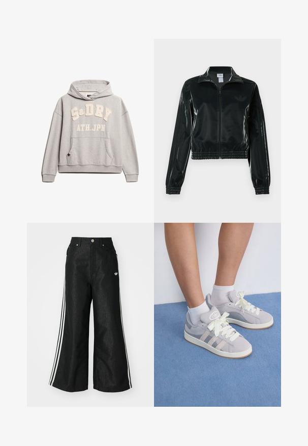 Chaqueta corta negra brillante con cremallera en el frente, cuello alto y dobladillo elástico. Presenta tres rayas en las mangas y un pequeño logo en el pecho.; Superdry & Co ATHLETIC ESSENTIALS - Jersey con capucha - grey marl; Pantalones de denim anchos y negros con tres franjas blancas en cada lado y un pequeño logo blanco. Cuenta con bolsillos frontales y un cierre de botón.; Zapatillas de ante gris con cordones blancos y suela de goma, que cuentan con tres rayas diagonales en el costado y un parche con el logotipo en la lengüeta.