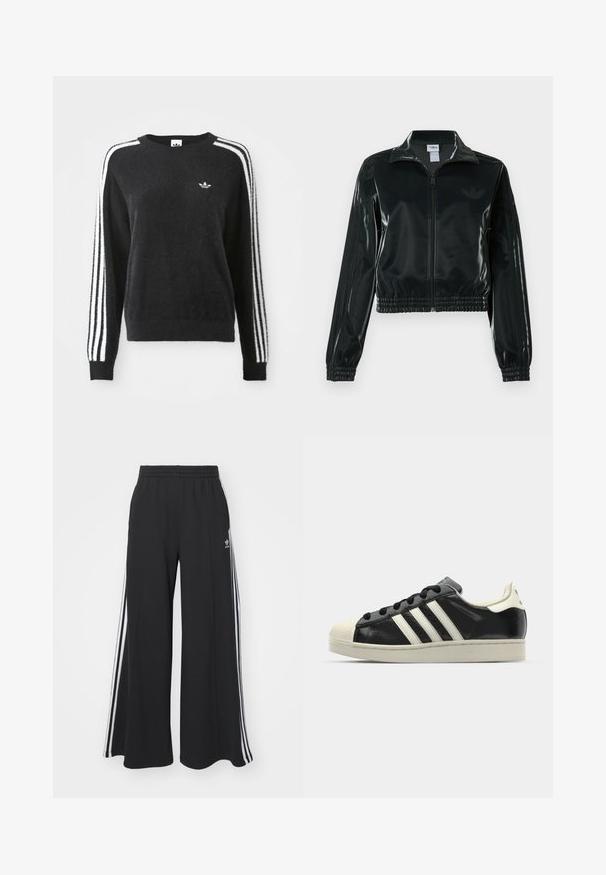 Jachetă neagră lucioasă, scurtă, cu fermoar frontal, guler înalt și tiv elastic. Are trei dungi pe mâneci și un mic logo pe piept.; Pulover negru pufos cu mâneci lungi, având dungi albe pe mâneci și un mic logo pe piept. Design clasic cu gât rotund.; Pantaloni de trening negri cu croială largă, prevăzuți cu un brâu elastic, având dungi laterale albe și un logo brodat pe coapsa stângă.; Sneaker din piele neagră cu dungi albe, vârf din cauciuc, șireturi negre și talpă de culoare crem. Textură netedă cu finisaj strălucitor.