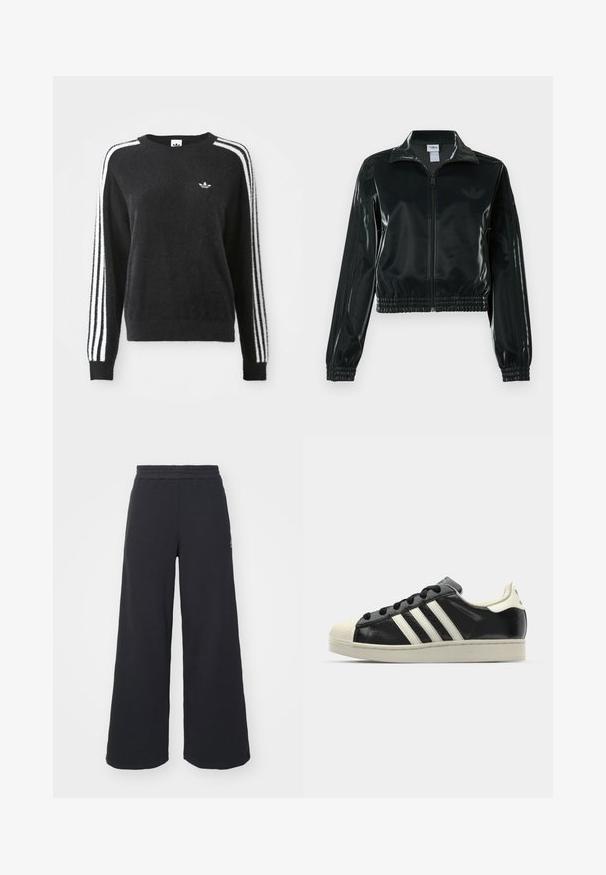 Casaco curto preto brilhante com fecho de correr frontal, gola alta e bainha elástica. Apresenta três riscas nas mangas e um pequeno logotipo no peito.; Sweater preto felpudo com mangas compridas, apresentando riscas brancas ao longo das mangas e um pequeno logótipo no peito. Design clássico com gola redonda.; Calças de fato largas, pretas, feitas de tecido macio, com uma cintura elástica e um pequeno logótipo do lado esquerdo.; Sapatilha de couro preto com riscas brancas, biqueira de borracha, atacadores pretos e sola na cor creme. Textura suave com acabamento brilhante.