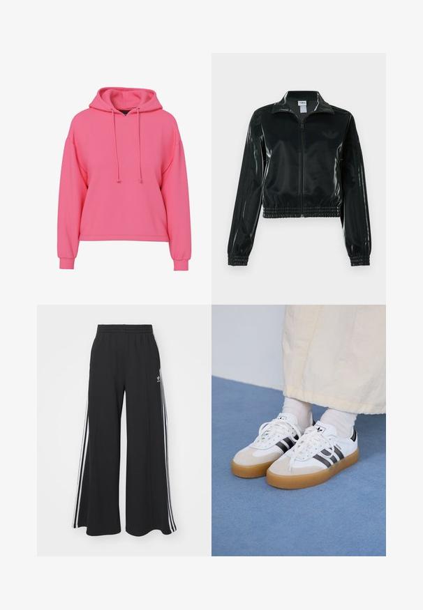 Fekete, fényes rövidített dzseki cipzárral az elején, magas gallérral és elasztikus szegéllyel. Három csík díszíti az ujjakat, és kis logó található a mellrészen.; Rózsaszín pamut kapucnis pulóver elülső kenguruzsebbel, kapucnin zsinórral, valamint ribbázott mandzsettákkal és alsó résszel a laza illeszkedés érdekében.; Fekete, bő szárú melegítőnadrág, rugalmas derékkal, fehér oldalsávokkal és hímzett logóval a bal combon.; Fehér sportcipő fekete csíkokkal és bézs velúr részletekkel. Texturált gumi talppal és lapos fehér fűzőkkel rendelkezik, világos színű zoknival viselve.