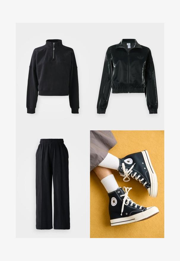 Giacca nera lucida corta con zip frontale, colletto alto e orlo elasticizzato. Presenta tre strisce sulle maniche e un piccolo logo sul petto.; Felpa nera corta con colletto alto, cerniera a un quarto e polsini a costine. Realizzata in materiale morbido con un marchio sottile sul davanti.; Pantaloni neri a gamba larga con una linea in vita elastica, realizzati in un tessuto morbido, caratterizzati da una texture liscia e linee di design pulite.; Sneakers alte nere in tela con lacci bianchi e suole in gomma, caratterizzati da un logo rotondo Converse All Star sul lato esterno.