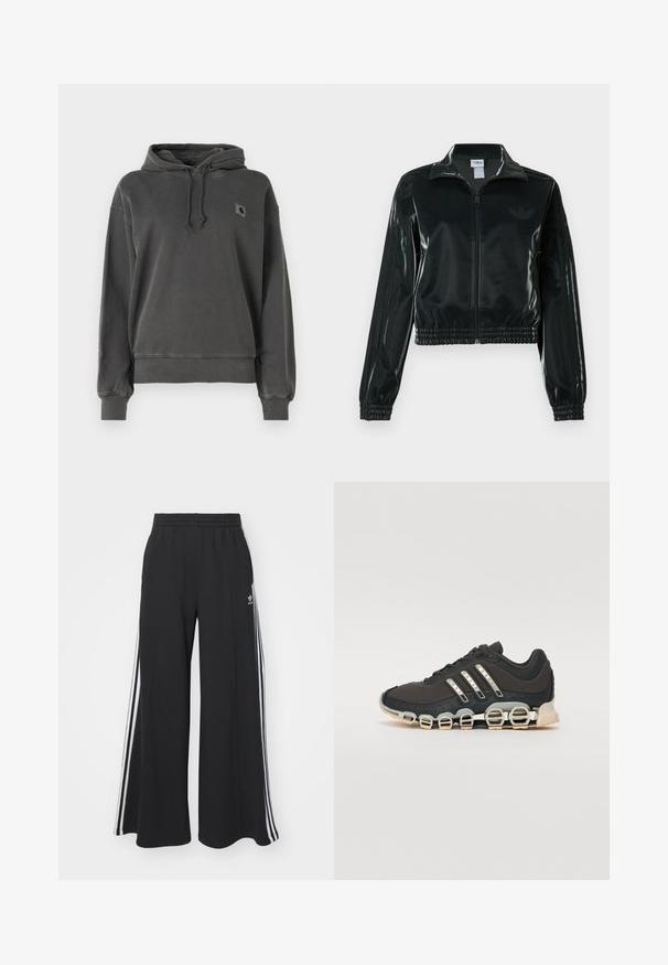 Black glossy cropped jacket with a zip front, high collar, and elasticized hem. Features three stripes on sleeves and a small logo on the chest.; Carhartt WIP HOODED NELSON - Sweatshirt - graphite; Black wide-leg sweatpants with an elastic waistband, featuring white side stripes and an embroidered logo on the left thigh.; Black athletic shoe with a textured upper, three silver stripes, and a distinctive cushioning sole featuring multiple integrated sections.