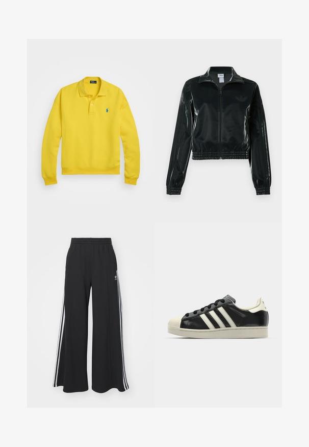 Black glossy cropped jacket with a zip front, high collar, and elasticized hem. Features three stripes on sleeves and a small logo on the chest.; Polo Ralph Lauren POLO-COLLAR FLEECE PULLOVER - Sweatshirt - lemon crush; Black wide-leg sweatpants with an elastic waistband, featuring white side stripes and an embroidered logo on the left thigh.; Black leather sneaker with white stripes, rubber toe cap, black laces, and a cream-colored outsole. Smooth texture with shiny finish.