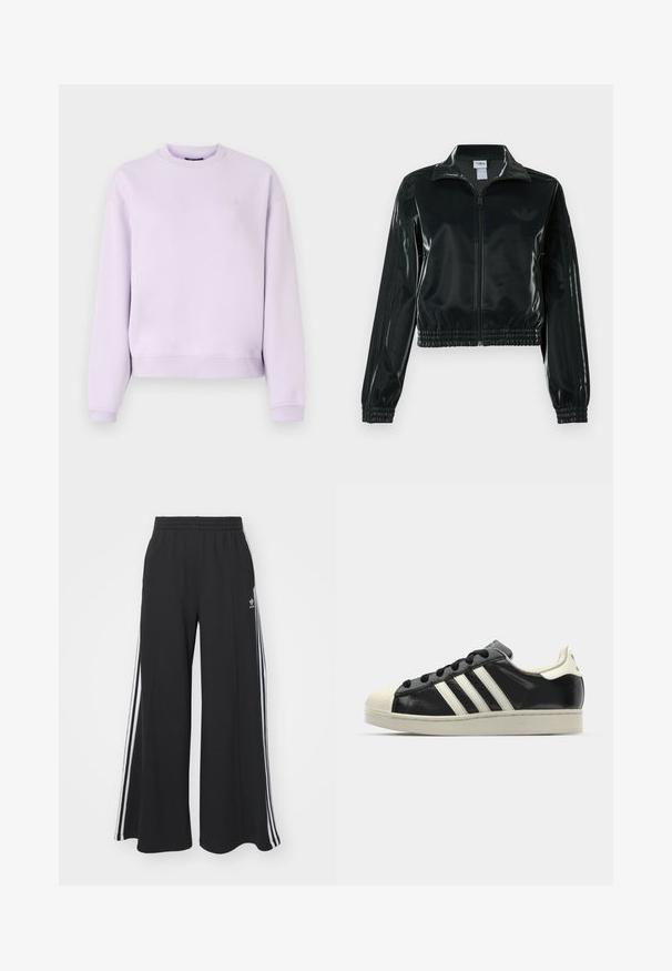 Black glossy cropped jacket with a zip front, high collar, and elasticized hem. Features three stripes on sleeves and a small logo on the chest.; Lavender crewneck sweatshirt with long sleeves, ribbed cuffs and hem, and a small embroidered logo on the left chest.; Black wide-leg sweatpants with an elastic waistband, featuring white side stripes and an embroidered logo on the left thigh.; Black leather sneaker with white stripes, rubber toe cap, black laces, and a cream-colored outsole. Smooth texture with shiny finish.