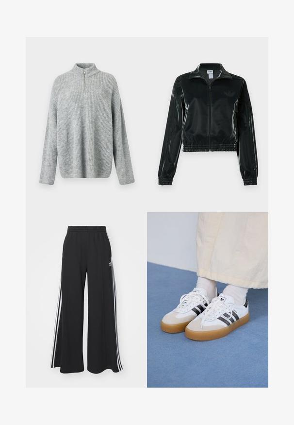 Schwarze glänzende, kurz geschnittene Jacke mit Reißverschluss vorne, hohem Kragen und elastischem Saum. Verfügt über drei Streifen an den Ärmeln und ein kleines Logo auf der Brust.; Hellgrauer, gestrickter Pullover mit hohem Kragen und halber Reißverschlussöffnung; hat einen lässigen Schnitt und eine gerippte Textur im gesamten Stoff.; Schwarze weite Sweatpants mit elastischem Bund, versehen mit weißen Seitestreifen und einem gestickten Logo auf dem linken Oberschenkel.; Weiße Sneaker mit schwarzen Streifen und beigen Wildlederakzenten. Besitzen eine strukturierte Gummisohle und flache weiße Schnürsenkel, getragen mit hellen Socken.
