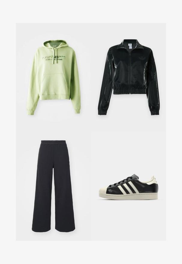 Crna sjajna kratka jakna s patentnim zatvaračem sprijeda, visokim ovratnikom i porubom s elastikom. Na rukavima ima tri pruge i mali logo na prsima.; Svijetlozeleni dukserica od mješavine pamuka. Ima kengur džep, kapuljaču s uzicom i izvezeni natpis "Carhartt Work in Progress."; Crne široke sweatpants hlače napravljene od mekog materijala, s elastičnim strukom i malim logotipom s lijeve strane.; Crni kožni tenisice s bijelim prugama, gumeni zaštitni vrh, crne vezice i bijela potplata boje krem. Glatka tekstura s sjajnim završetkom.