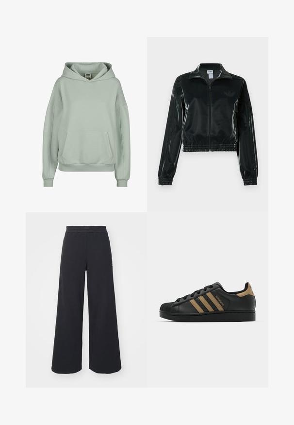 Melna spīdīga īsā jaka ar rāvējslēdzēja priekšpusi, augstu apkakli un elastīgu apakšu. Piedevas ir trīs svītras uz piedurknēm un neliels logotips uz krūtīm.; Gai zaļš kapuce ar kengura kabatu, ribotām aprocēm un apakšmalu, kā arī lielu regulējamu kapuci. Izgatavota no mīkstas, ērtas auduma.; Melni platās svārku bikses, izgatavotas no mīksta auduma, ar elastīgu jostas daļu un mazu logotipu kreisajā pusē.; Melna ādas kedas ar trim brūniem svītrām, teksturētu gumijas purngali, šņorējama priekšpuse un plakans melns zole. Iekļauj diskrētu logotipu uz papēža.