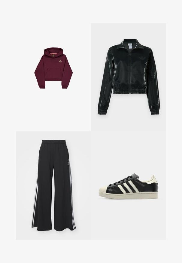 Zwarte glanzende cropped jas met een ritssluiting aan de voorkant, hoge kraag en elastische zoom. Voorzien van drie strepen op de mouwen en een klein logo op de borst.; Bordeaux cropped hoodie van zacht stof, met een frontzak en een klein logo-accent op de borst. Lange mouwen met geribbelde boorden.; Zwarte wijde sweatpants met een elastische tailleband, met witte zijstrepen en een geborduurd logo op de linker dij.; Zwarte leren sneaker met witte strepen, rubberen teenbescherming, zwarte veters en een crèmekleurige loopzool. Glad oppervlak met een glanzende afwerking.
