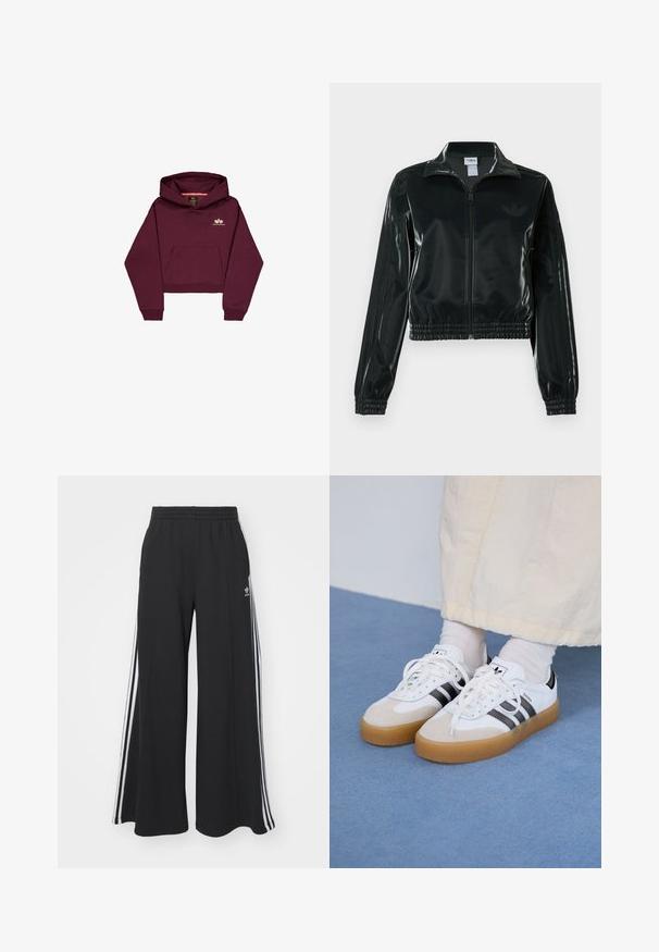 Black glossy cropped jacket with a zip front, high collar, and elasticized hem. Features three stripes on sleeves and a small logo on the chest.; Burgundy cropped hoodie made of soft fabric, featuring a front pocket and a small logo accent on the chest. Long sleeves with ribbed cuffs.; Black wide-leg sweatpants with an elastic waistband, featuring white side stripes and an embroidered logo on the left thigh.; White sneakers with black stripes and beige suede accents. Feature a textured gum sole and flat white laces, worn with light-colored socks.