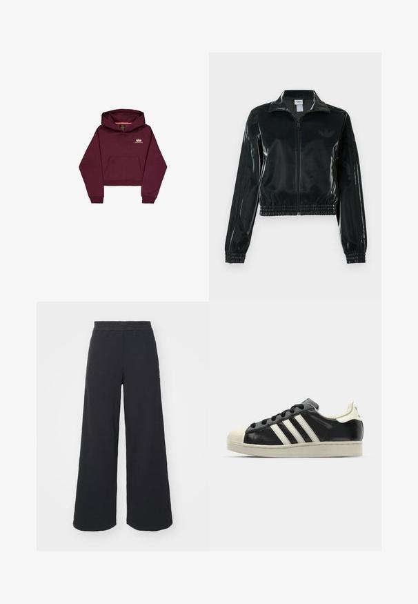 Sort blank cropped jakke med glidelås foran, høy krage og elastisk nederkant. Har tre striper på ermene og en liten logo på brystet.; Burgunderfarget cropped hettegenser laget av mykt materiale, med en frontlomme og en liten logoakkent på brystet. Lange ermer med ribbestrikkede mansjetter.; Svart bukse med vid benvidde laget av myk stoff, med elastisk midjebånd og en liten logo på venstre side.; Svarte skinnsneakers med hvite striper, gummitopp, svarte lisser og en kremfarget såle. Glatt tekstur med blank finish.