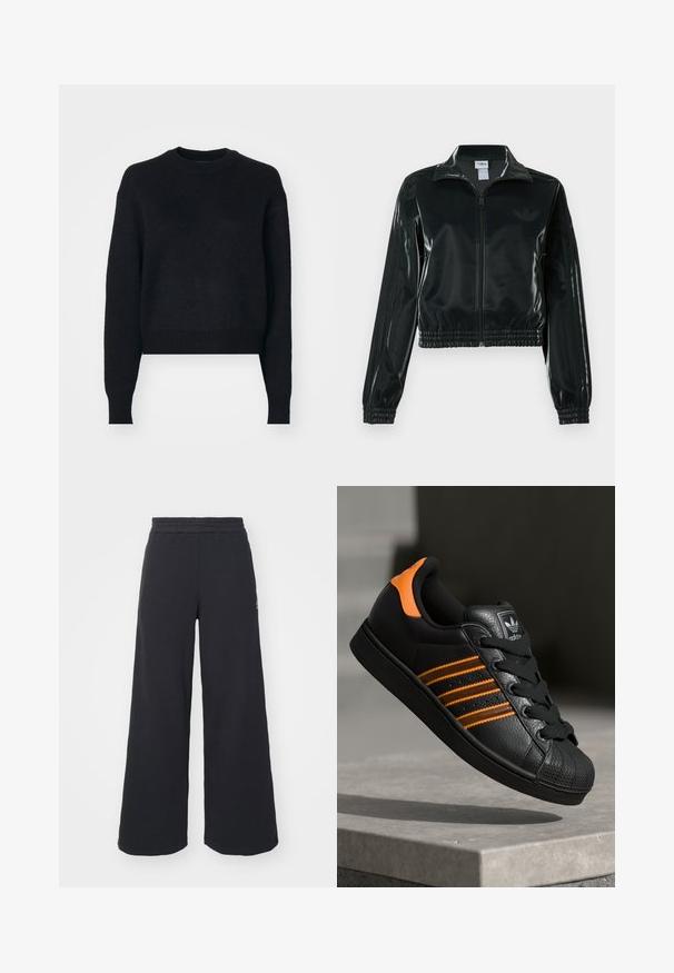 Czarna błyszcząca krótka kurtka na zamek błyskawiczny z przodu, z wysokim kołnierzem i elastycznym wykończeniem na dole. Na rękawach znajdują się trzy paski, a na piersi małe logo.; Czarna krótka bluza z okrągłym dekoltem, długimi rękawami, teksturowanym dzianinowym materiałem oraz prążkowanymi mankietami i dołem. Prosty i nowoczesny design.; Czarne szerokie spodnie dresowe wykonane z miękkiego materiału, z elastycznym paskiem w talii oraz małym logo po lewej stronie.; Czarne sneakersy z pomarańczowymi akcentami, trzema poziomymi paseczkami, skórzaną cholewką o teksturowanej powierzchni, gumowym noskiem i czarnymi sznurówkami.