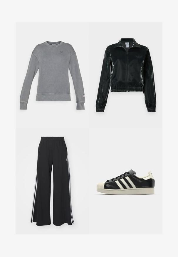 Black glossy cropped jacket with a zip front, high collar, and elasticized hem. Features three stripes on sleeves and a small logo on the chest.; Gray ribbed sweatshirt with long sleeves, round neckline, and logo on the chest. Features cuffs and hem with a smooth finish.; Black wide-leg sweatpants with an elastic waistband, featuring white side stripes and an embroidered logo on the left thigh.; Black leather sneaker with white stripes, rubber toe cap, black laces, and a cream-colored outsole. Smooth texture with shiny finish.