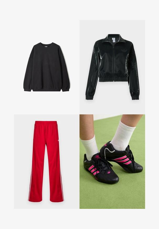 Giacca nera lucida corta con zip frontale, colletto alto e orlo elasticizzato. Presenta tre strisce sulle maniche e un piccolo logo sul petto.; Felpa nera oversize con scollo rotondo e maniche lunghe, presentata su uno sfondo bianco. Design semplice e casual.; Pantaloni sportivi rossi dalla vestibilità ampia, con vita elastica, due tasche laterali e strisce bianche sui lati. Realizzati in materiale sintetico liscio.; Scarpe da ginnastica nere con tre strisce rosa, tomaia in pelle texture, lacci neri e dettaglio del logo, abbinate a calze bianche a coste su una superficie verde.