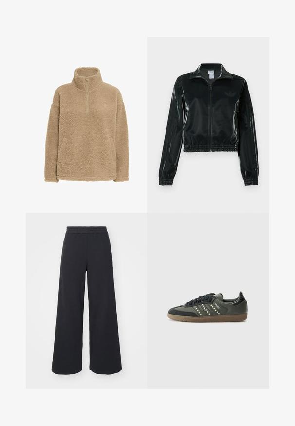 Black glossy cropped jacket with a zip front, high collar, and elasticized hem. Features three stripes on sleeves and a small logo on the chest.; Beige fleece pullover with half-zip, high collar, and side pockets; features a textured, soft surface and a relaxed fit.; Black wide-leg sweatpants made from soft fabric, featuring an elastic waistband and a small logo on the left side.; adidas Originals SAMBA OG - Trainers - core black/legend earth/gum