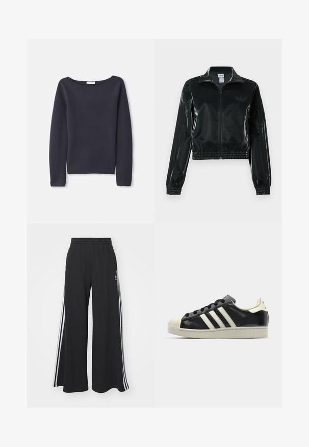 Black glossy cropped jacket with a zip front, high collar, and elasticized hem. Features three stripes on sleeves and a small logo on the chest.; Navy long-sleeve sweater with a wide neckline, soft texture, and a relaxed fit. Features minimal stitching and no visible fastenings.; Black wide-leg sweatpants with an elastic waistband, featuring white side stripes and an embroidered logo on the left thigh.; Black leather sneaker with white stripes, rubber toe cap, black laces, and a cream-colored outsole. Smooth texture with shiny finish.
