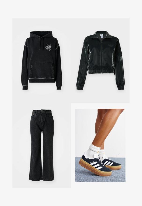 Casaco curto preto brilhante com fecho de correr frontal, gola alta e bainha elástica. Apresenta três riscas nas mangas e um pequeno logotipo no peito.; Moletom preto com um bolso frontal, capuz com cordão e um logotipo circular branco com "SANTA CRUZ." Textura suave e escovada.; Jeans de ganga pretos com cintura alta, corte largo e detalhes costurados. Possui cinco bolsos e um botão na cintura.; Ténis de camurça preta com riscas e detalhes brancos, biqueira arredondada, sola em borracha cor de goma, combinados com meias brancas caneladas até à altura do tornozelo.