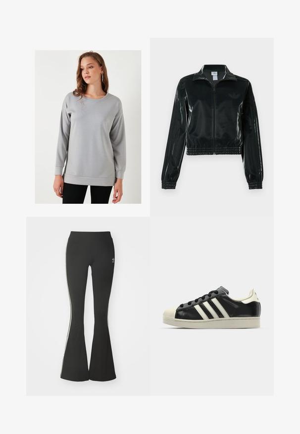 Crna sjajna kratka jakna s patentnim zatvaračem sprijeda, visokim ovratnikom i porubom s elastikom. Na rukavima ima tri pruge i mali logo na prsima.; Siva dugih rukava majica sa okruglim izrezom, opuštenog kroja i rebrastim manžetama, izrađena od mekog, glatkog materijala.; Crne flared tajice izrađene od rastezljivog materijala, s visokim pojasom i bijelim bočnim trakama. Sadrži mali logo na pojasu.; Crni kožni tenisice s bijelim prugama, gumeni zaštitni vrh, crne vezice i bijela potplata boje krem. Glatka tekstura s sjajnim završetkom.