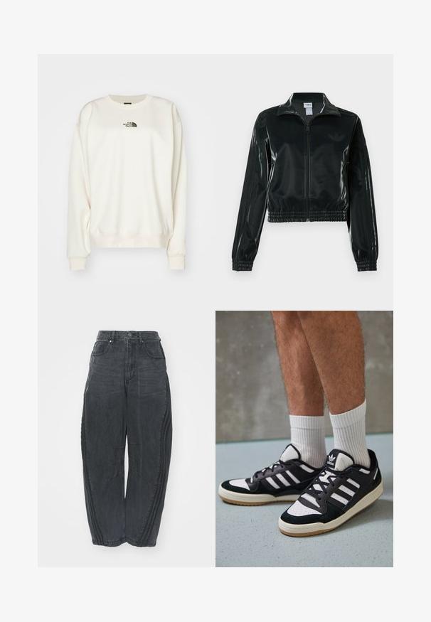Giacca nera lucida corta con zip frontale, colletto alto e orlo elasticizzato. Presenta tre strisce sulle maniche e un piccolo logo sul petto.; The North Face ESSENTIAL OVERSIZE CREW - Felpa - white dune; Jeans di denim neri a gamba larga con una finitura sbiadita, cinque tasche, chiusura con bottone in vita e dettagli cuciti sulla parte frontale e laterale.; Sneaker bianco e nero con tomaia in suede e pelle, caratterizzati da tre strisce bianche, punta perforata e suola in gomma naturale.