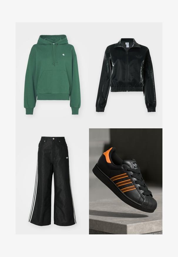 Crna sjajna kratka jakna s patentnim zatvaračem sprijeda, visokim ovratnikom i porubom s elastikom. Na rukavima ima tri pruge i mali logo na prsima.; Carhartt WIP HOODED CASEY - Majica s kapuljačom - sycamore tree/silver; Crne široke traper hlače s tri bijele pruge sa svake strane i malim bijelim logom. Ima prednje džepove i preklop s gumbom.; Crni tenisice s narančastim naglascima, tri horizontalne pruge, teksturirani kožni gornji dio, gumen kapica za prste i crne vezice.