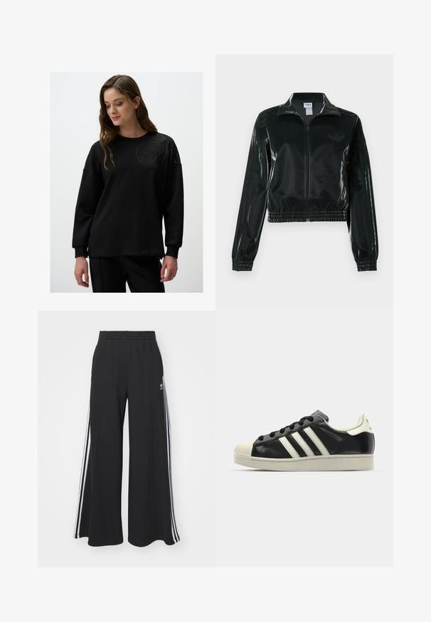 Zwarte glanzende cropped jas met een ritssluiting aan de voorkant, hoge kraag en elastische zoom. Voorzien van drie strepen op de mouwen en een klein logo op de borst.; Zwarte sweatshirt met lange mouwen, ronde halslijn, met een decoratief patroon van kleine studs op de bovenste linkerzijde. Zachte textuur.; Zwarte wijde sweatpants met een elastische tailleband, met witte zijstrepen en een geborduurd logo op de linker dij.; Zwarte leren sneaker met witte strepen, rubberen teenbescherming, zwarte veters en een crèmekleurige loopzool. Glad oppervlak met een glanzende afwerking.