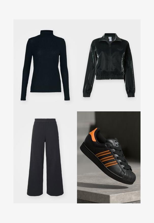 Crna sjajna kratka jakna s patentnim zatvaračem sprijeda, visokim ovratnikom i porubom s elastikom. Na rukavima ima tri pruge i mali logo na prsima.; Crna, dugokosna majica s rolkragnom izrađena od rebrastog materijala, s uskim dizajnom i visokim izrezom. Glatka tekstura s suptilnim sjajem.; Crne široke sweatpants hlače napravljene od mekog materijala, s elastičnim strukom i malim logotipom s lijeve strane.; Crni tenisice s narančastim naglascima, tri horizontalne pruge, teksturirani kožni gornji dio, gumen kapica za prste i crne vezice.