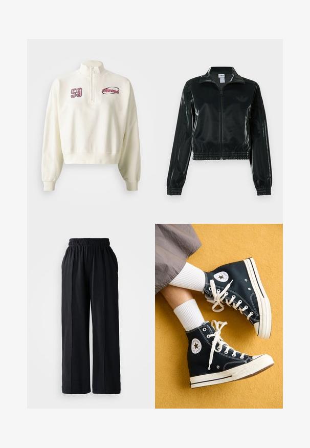 Chaqueta corta negra brillante con cremallera en el frente, cuello alto y dobladillo elástico. Presenta tres rayas en las mangas y un pequeño logo en el pecho.; Sudadera corta color crema con cierre de media cremallera en el frente, con números bordados "59" y el logo de la marca en rosa y negro. Textura suave.; Pantalones de pierna ancha negros con cinturilla elástica, fabricados en tejido suave, que presentan una textura lisa y líneas de diseño limpias.; Zapatillas altas de lona negras con cordones blancos y suelas de goma, que cuentan con un logotipo redondo de Converse All Star en el lado exterior.