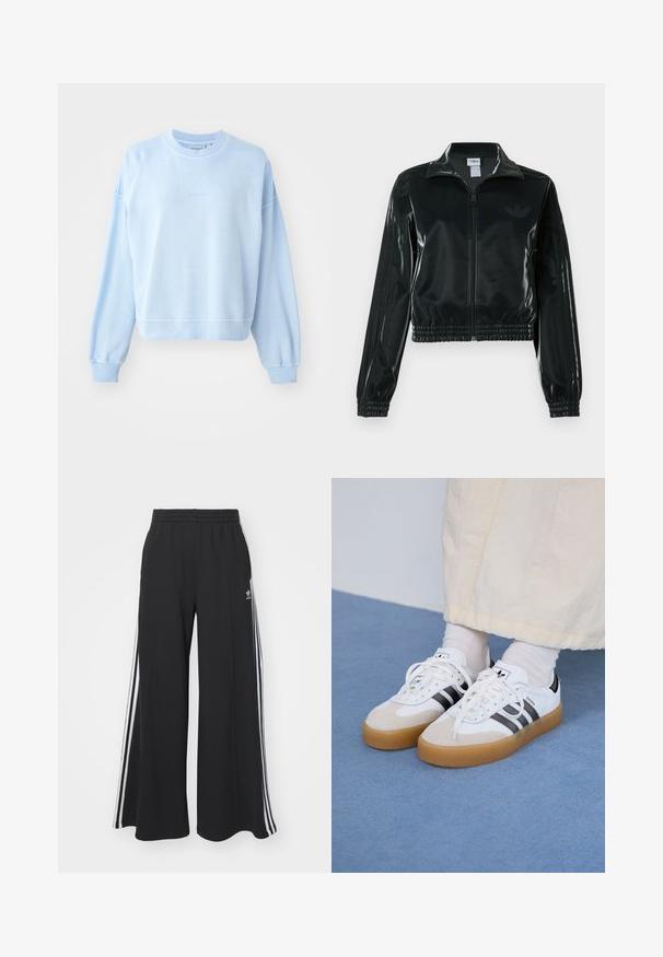 Jachetă neagră lucioasă, scurtă, cu fermoar frontal, guler înalt și tiv elastic. Are trei dungi pe mâneci și un mic logo pe piept.; Hanorac bleumarin deschis, fabricat dintr-un material moale din bumbac. Prezintă un guler rotund, umeri lăsați și manșete și tiv cu nervuri, având o marcaj subtil.; Pantaloni de trening negri cu croială largă, prevăzuți cu un brâu elastic, având dungi laterale albe și un logo brodat pe coapsa stângă.; Adidași albi cu dungi negre și accente din suede bej. Au talpă din cauciuc texturat și șireturi albe plate, purtați cu șosete de culori deschise.