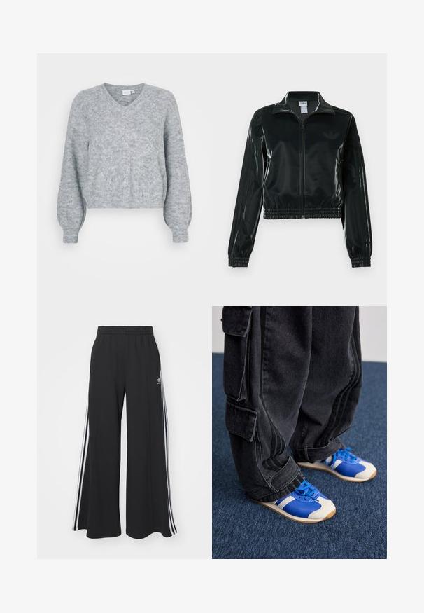 Melna spīdīga īsā jaka ar rāvējslēdzēja priekšpusi, augstu apkakli un elastīgu apakšu. Piedevas ir trīs svītras uz piedurknēm un neliels logotips uz krūtīm.; Pelēks īsais džemperis ar V-veida kakla izgriezumu, nokritušām piedurknēm, strukturētu audumu un ribotu apakšmalu. Mīksts adījums ar smalkiem raksta elementiem.; Melnas plašas sporta bikses ar elastīgu jostasvietu, kurām ir baltas sānu svītras un izšūts logo kreisajā augšstilbā.; Cilvēks, kurš valkā brīvus melnus cargo bikses un zilas un baltas kedas, stāv uz tumši zilā paklāja.