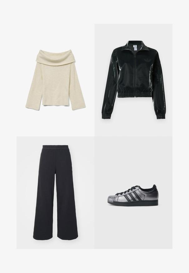 Melna spīdīga īsā jaka ar rāvējslēdzēja priekšpusi, augstu apkakli un elastīgu apakšu. Piedevas ir trīs svītras uz piedurknēm un neliels logotips uz krūtīm.; Vero Moda ERA LS OFF SHOULDER GA NOOS - Džemperis - birch; Melni platās svārku bikses, izgatavotas no mīksta auduma, ar elastīgu jostas daļu un mazu logotipu kreisajā pusē.; Melni un metāliskā sudraba sporta apavi ar noapaļotu purngalu, trim melnām svītrām un teksturētu augšdaļu. Melnas šņorītes un gumijas zole.