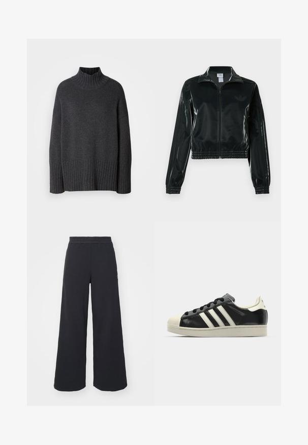Černá lesklá zkrácená bunda se zipem vpředu, vysokým límcem a elastickým lemem. Má tři pruhy na rukávech a malé logo na hrudi.; Tmavě šedý rolák vyrobený z žebrovaného úpletu. Má široké žebrování na lemu a manžetách a volný, oversized střih.; Černé široké tepláky vyrobené z měkké tkaniny, s elastickým pasem a malým logem na levé straně.; Černé kožené sneakers s bílými pruhy, gumovou špičkou, černými tkaničkami a krémovou podešví. Hladký povrch s lesklým finišem.