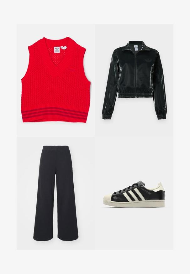 Casaco curto preto brilhante com fecho de correr frontal, gola alta e bainha elástica. Apresenta três riscas nas mangas e um pequeno logotipo no peito.; adidas Originals VEST - Camisola - better scarlet; Calças de fato largas, pretas, feitas de tecido macio, com uma cintura elástica e um pequeno logótipo do lado esquerdo.; Sapatilha de couro preto com riscas brancas, biqueira de borracha, atacadores pretos e sola na cor creme. Textura suave com acabamento brilhante.