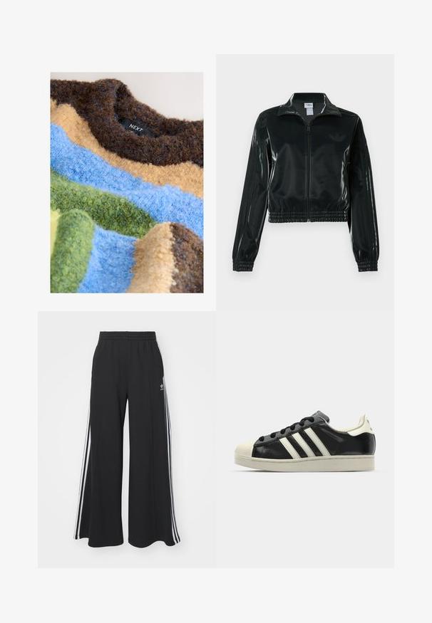 Veste courte noire brillante avec fermeture éclair à l'avant, col montant et ourlet élastiqué. Dotée de trois bandes sur les manches et d'un petit logo sur la poitrine.; Pull texturé avec des rayures horizontales dans des tons marron, bleu, jaune et vert, confectionné en fil duveteux. Étiquette de la marque visible.; Pantalons de survêtement larges noirs avec une taille élastique, présentant des rayures blanches sur les côtés et un logo brodé sur la cuisse gauche.; Baskets en cuir noir avec des rayures blanches, embout en caoutchouc, lacets noirs et semelle extérieure crème. Texture lisse avec une finition brillante.