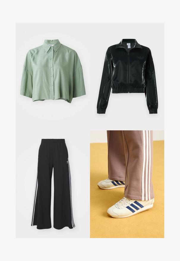 Black glossy cropped jacket with a zip front, high collar, and elasticized hem. Features three stripes on sleeves and a small logo on the chest.; Short-sleeve button-up shirt in soft green fabric. Features a collar, five matching buttons, and a relaxed, cropped fit. Smooth texture.; Black wide-leg sweatpants with an elastic waistband, featuring white side stripes and an embroidered logo on the left thigh.; Cream sneakers with blue suede stripes, white laces, and a rubber sole. Paired with gray sweatpants featuring white side stripes.