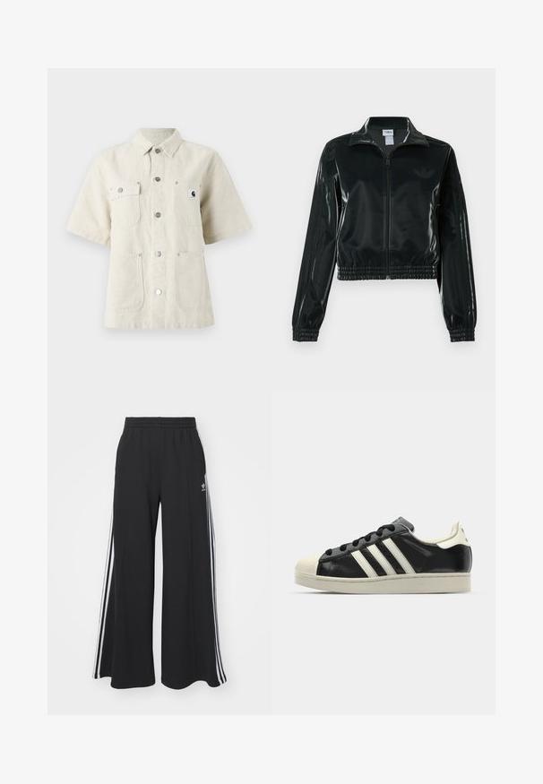 Črno, sijočo kratko jakno z zadrgo spredaj, visokim ovratnikom in elastičnim spodnjim robom. Na rokavih so tri črte, na prsih pa majhen logotip.; Majica s kratkimi rokavi iz svetle bež tkanine, ki ima špičast ovratnik, sprednje gumbe, dva žepa na prsih in majhen logotip na levi strani.; Črne široke trenirke z elastičnim pasom, ki imajo bele stranske proge in vezeno logo na levi stegna.; Črne usnjene superge z belimi črtami, gumijastim pokrovom za prste, črnimi vezalkami in kremasto obrobo podplata. Gladka tekstura z sijočim zaključkom.