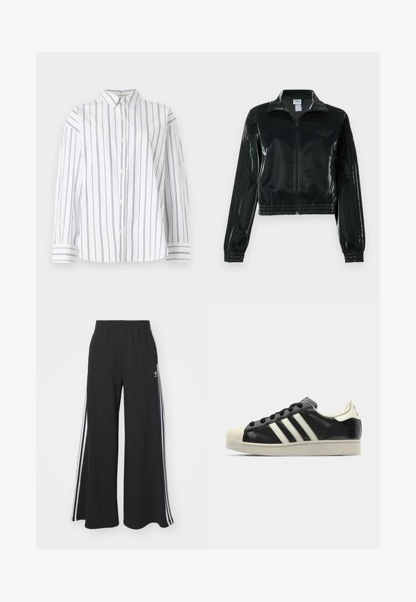 Chaqueta corta negra brillante con cremallera en el frente, cuello alto y dobladillo elástico. Presenta tres rayas en las mangas y un pequeño logo en el pecho.; Camisa blanca de algodón con botón, con rayas verticales en náutica, cuello clásico y mangas largas con puños a rayas. Textura suave.; Pantalones de chándal negros de pierna ancha con una cinturilla elástica, que presentan franjas blancas a los lados y un logo bordado en el muslo izquierdo.; Zapatilla de cuero negro con rayas blancas, puntera de goma, cordones negros y suela color crema. Textura suave con acabado brillante.